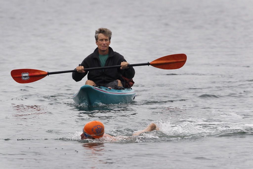Pilot guides help keep swimmers together and spot hazards. Photo from SFGate