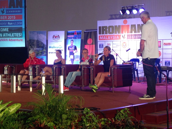 Female Pros at the #IMMalaysia Welcome Dinner with defending champ Diana Riesler, Bree Wee, Kate Bevilaqua and 6x World IRONMAN Champion Natascha Badmann. Image from Ironman.com