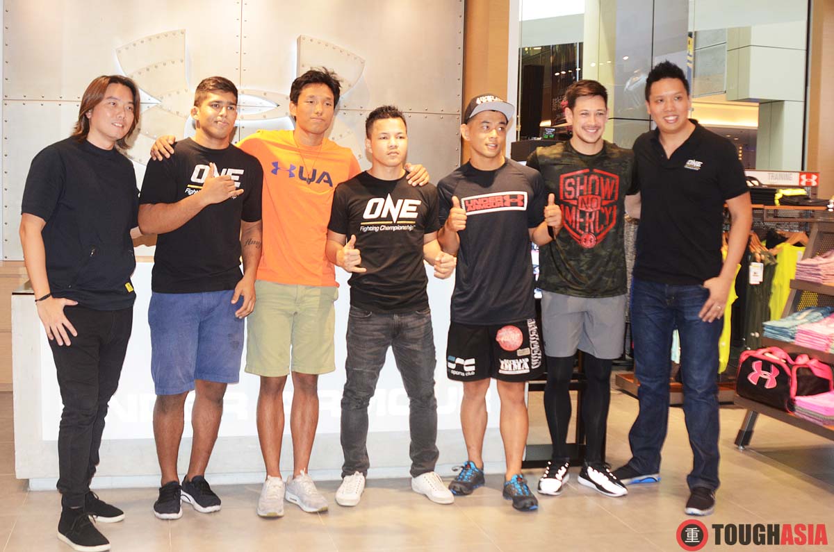 Fr L-R: Adrian Chai (Under Armour), One FC fighters - Agilan Thani. Keanu Subba, Saiful Merican, EV Ting and Peter Davis, Victor Cui (ONE FC CEO)