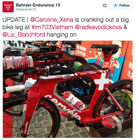 Caroline Steffen's Tri Bike decked in her Swiss national colours for Ironman 70.3 Vietnam. (Twitter)