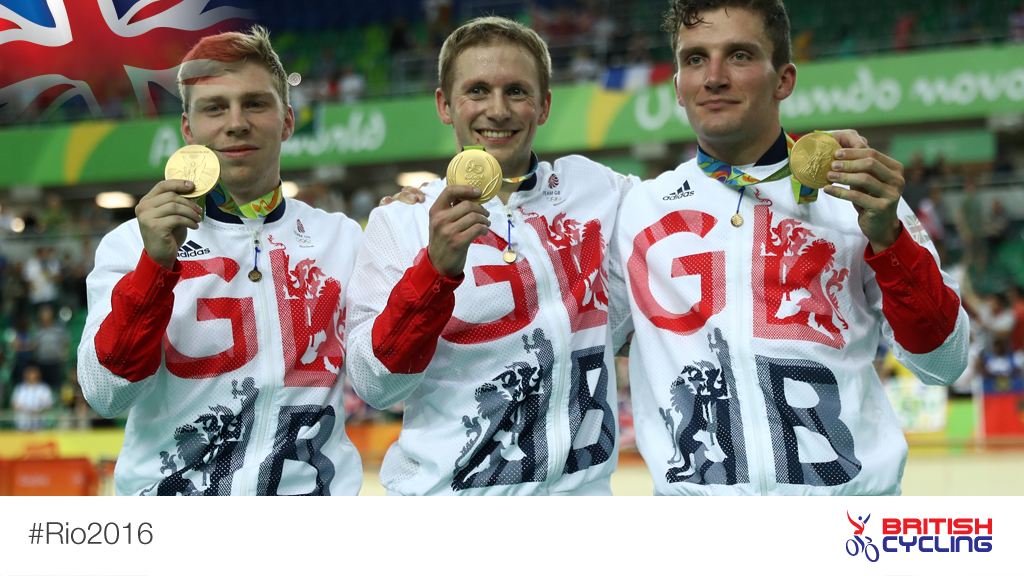 Team GB's Philip Hindes, Jason Kenny and Callum Skinner with the Rio 2016 team sprint gold medals!