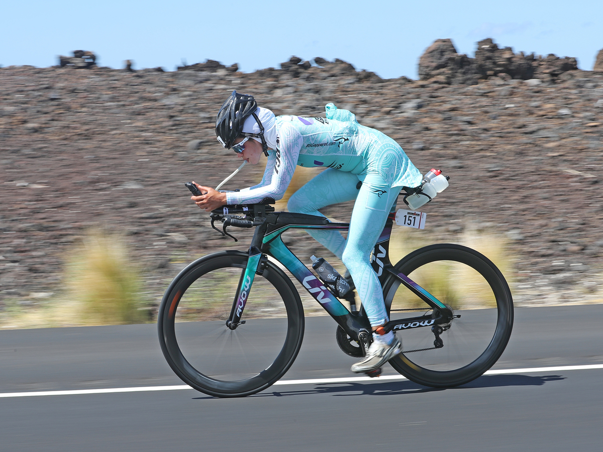 Shirin Gerami completely covered up on the bike at the 2016 Ironman World Championships in Kona, Hawaii. (Ironman)